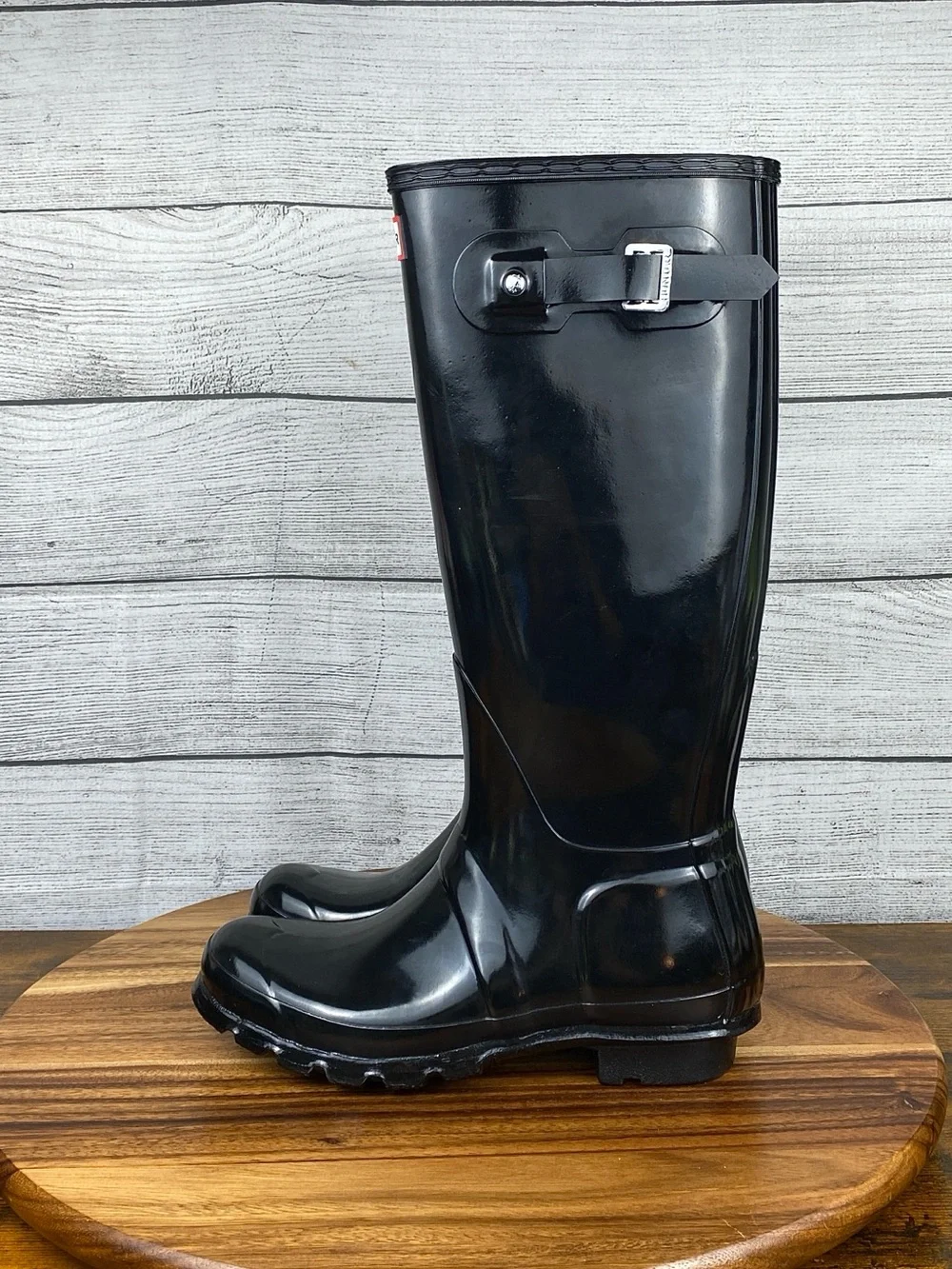 HUNTER Original Tall Gloss Rain Boots Black Natural Rubber Waterproof Size 7